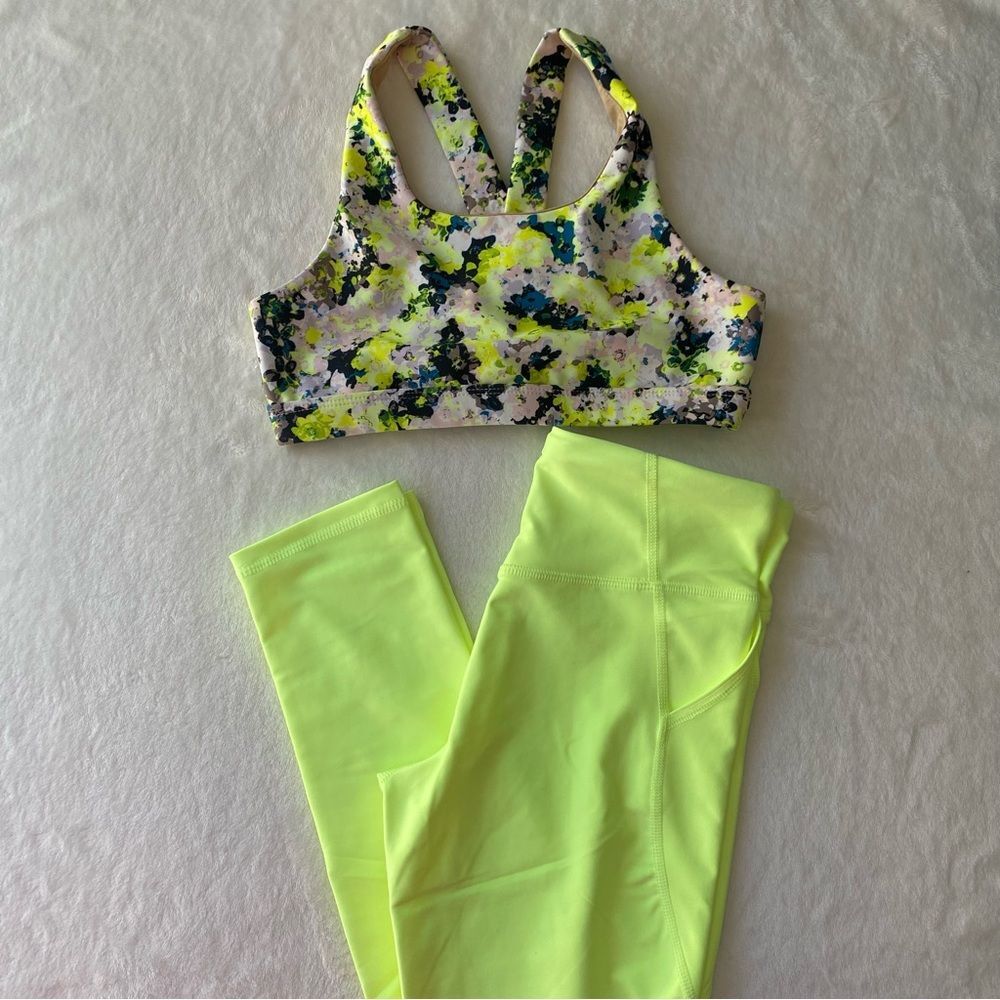 Old‎ Navy PowerSoft Leggings and Sports bra Set Neon Yellow Active Size 10/12